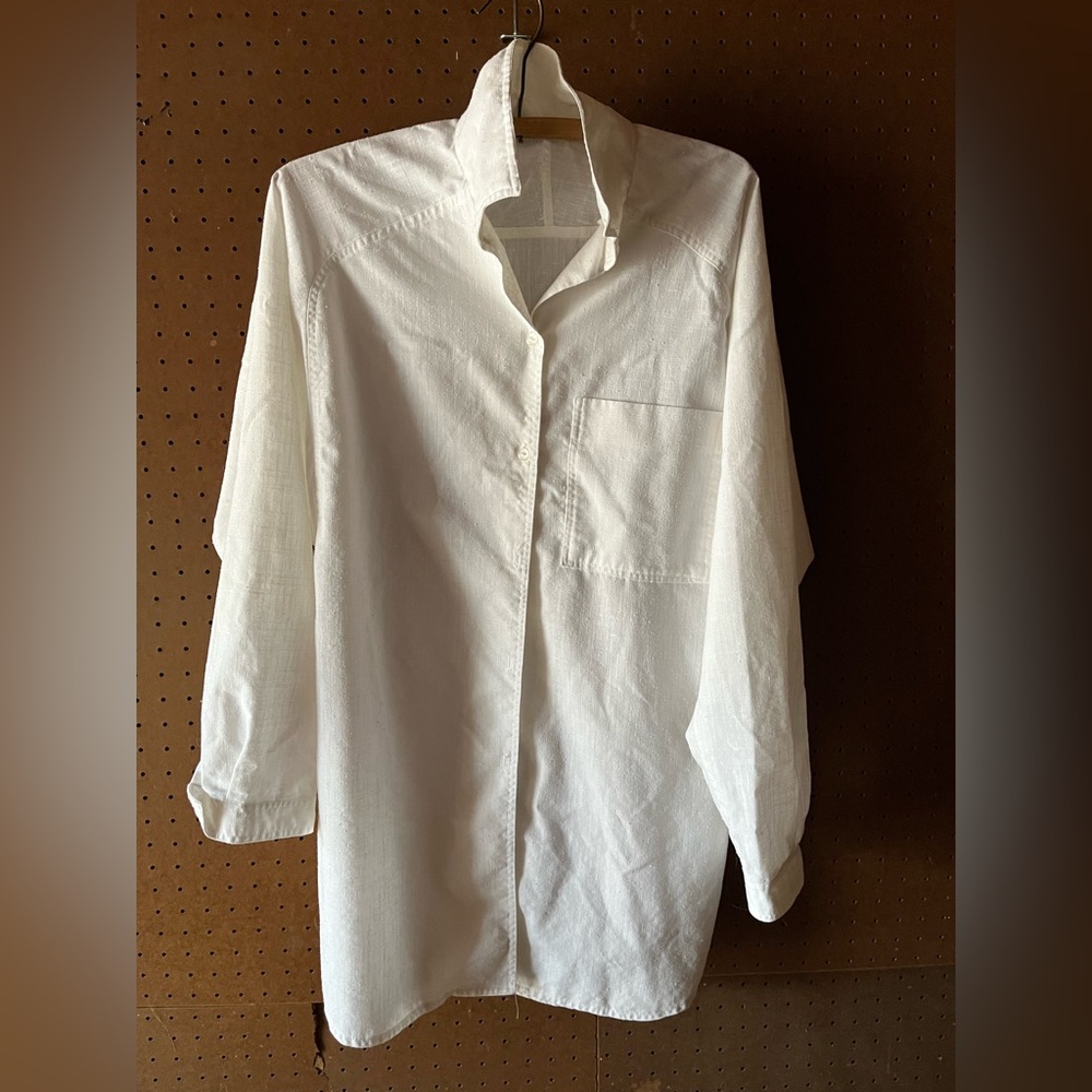 Vintage ivory button-down collar blouse tunic coastal handmade L XL, oversized